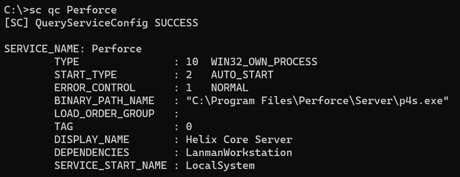 Screenshot of Perforce Server running as LocalSystem