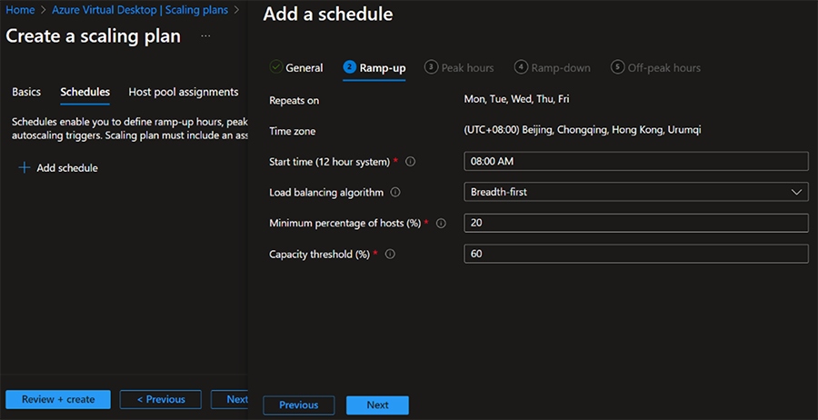 A screenshot of a pooled scaling plan in Azure Virtual Desktop. The ramp-up is shown as repeating from Monday to Friday at 8:00 AM Beijing time, Breadth-first is selected as load balancing algorithm, minimum percentage of host is set to 20% and capacity threshold is set to 60%.