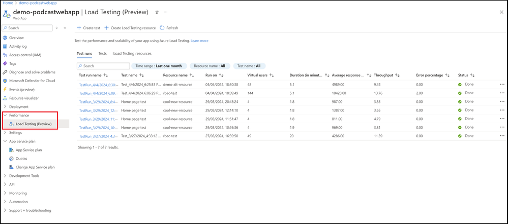 Screenshot of Load Testing feature in Azure App service portal